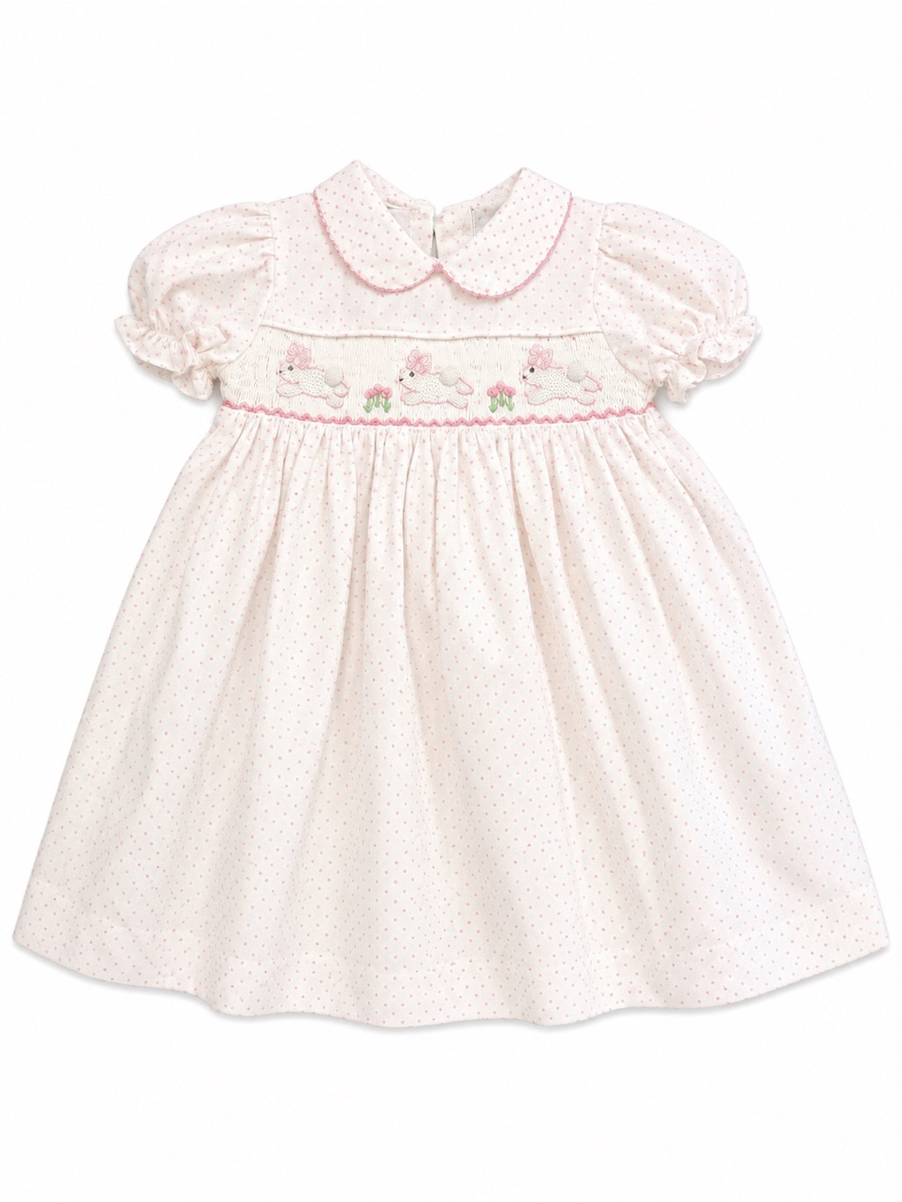 White Smocked Girls’ Dress with Pink Trim and Embroidered Motifs